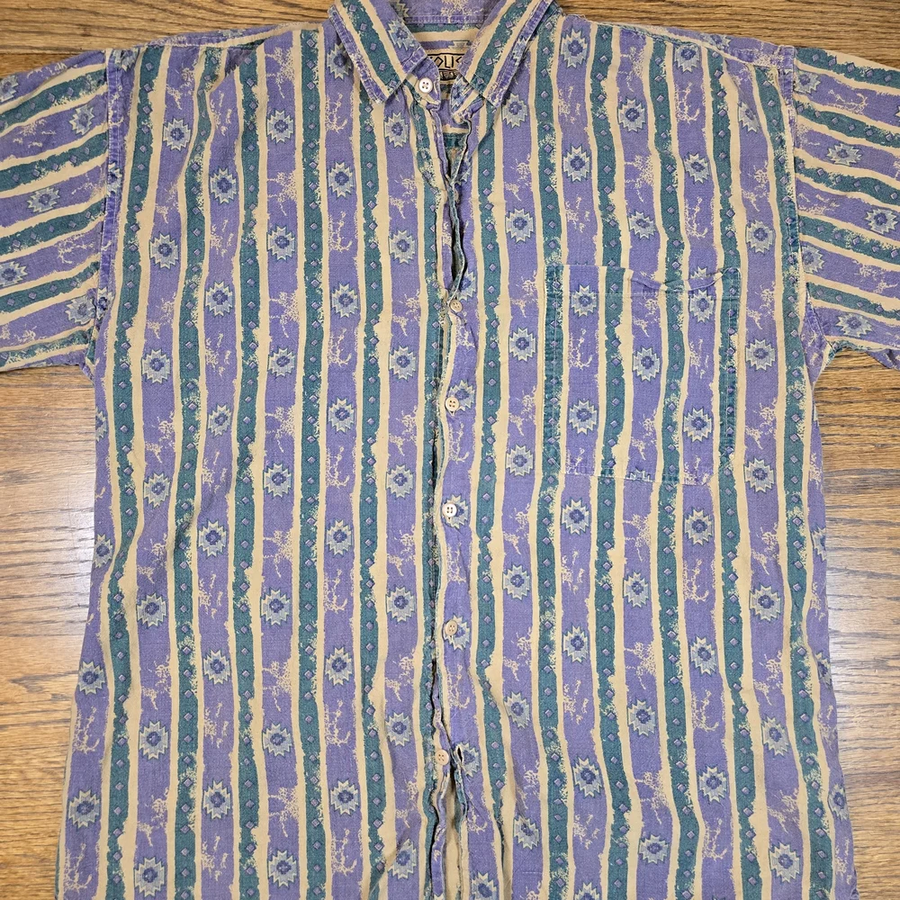 Vintage Coliseum Western Shirt Short Sleeve Button Up Aztec Stripe Medium - Picture 2 of 5